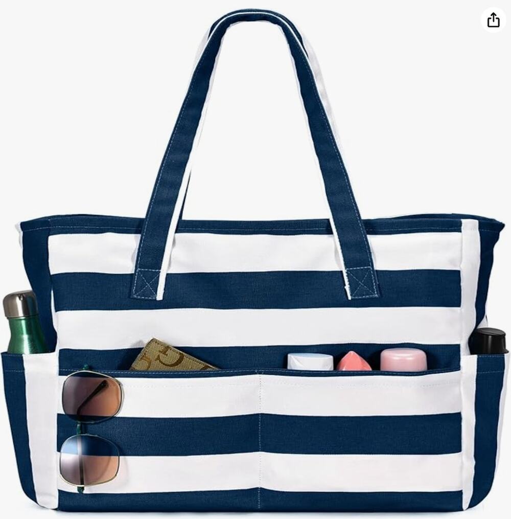 Large Beach Tote Swim Pool Bag with Zipper, Waterproof Sandproof Tote Bag- Blue
